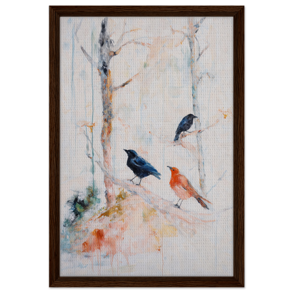 Framed canvas art titled Feathered Solitudes Flow depicting birds on tree branches