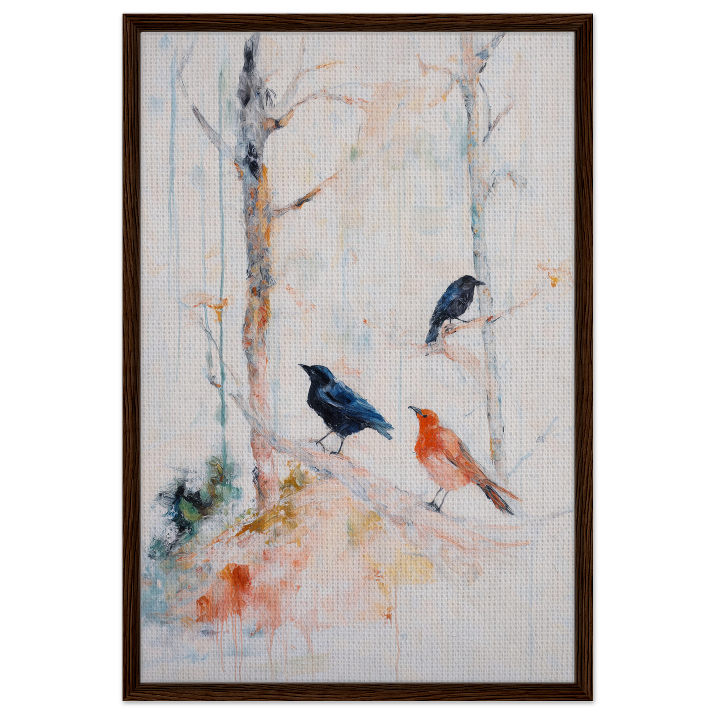 Painting of three colorful birds on branches, featured in Feathered Solitudes Flow framed canvas art