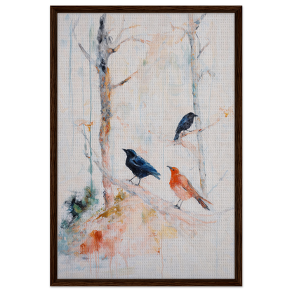 Painting of three colorful birds on branches, featured in Feathered Solitudes Flow framed canvas art