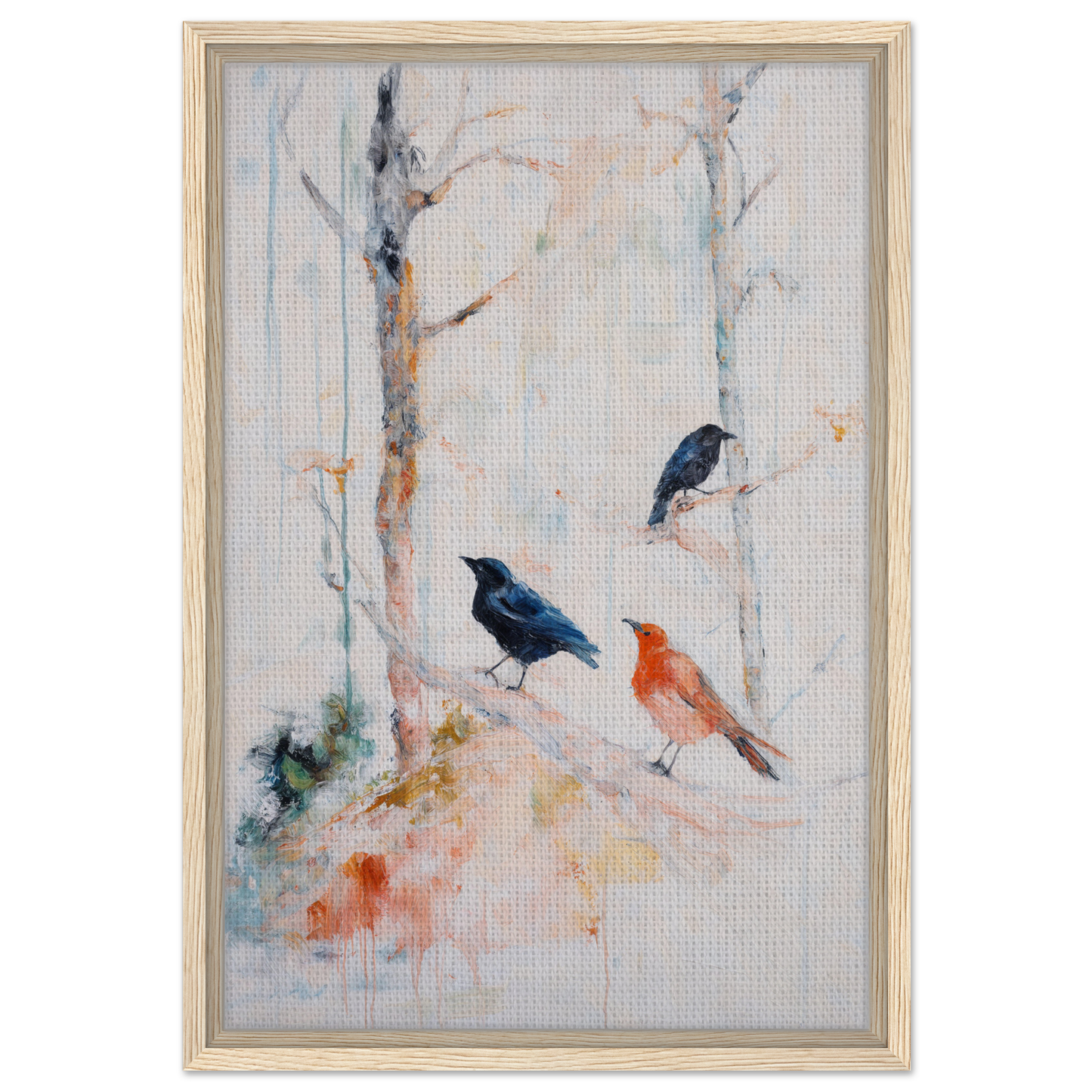 Framed canvas art featuring feathered solitudes flow with three birds on tree branches