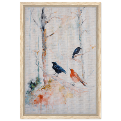 Framed canvas art featuring feathered solitudes flow with three birds on tree branches