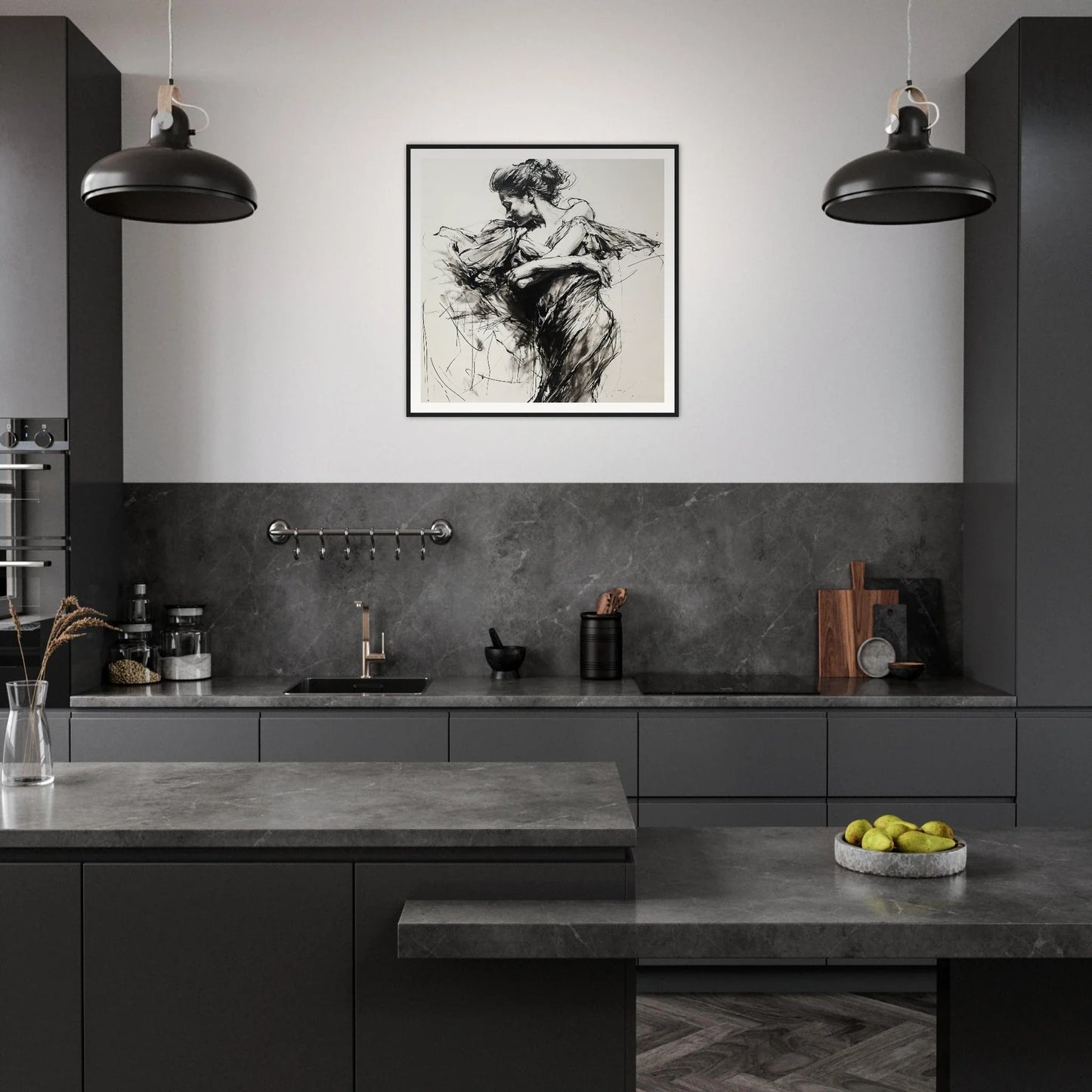 Modern dark gray kitchen with black lights plus festive harmonic meditations artwork