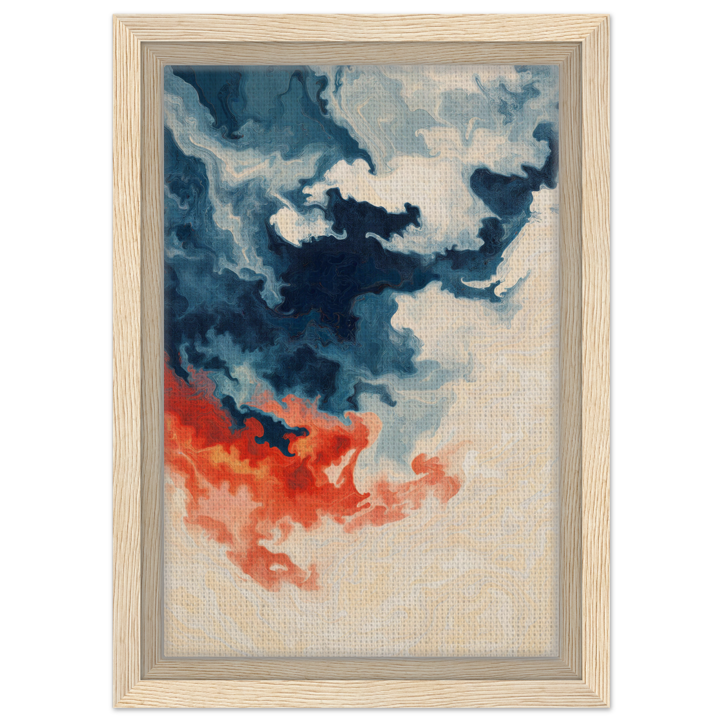 Abstract painting of swirling blue and orange clouds in Fiery Essence Flux room decor