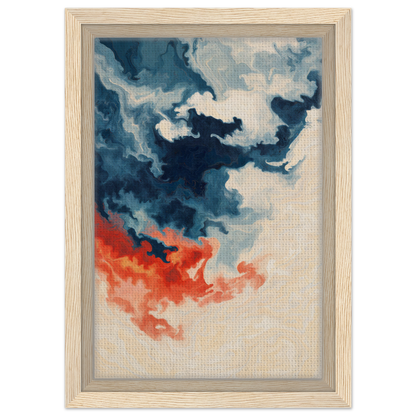 Abstract painting of swirling blue and orange clouds in Fiery Essence Flux room decor