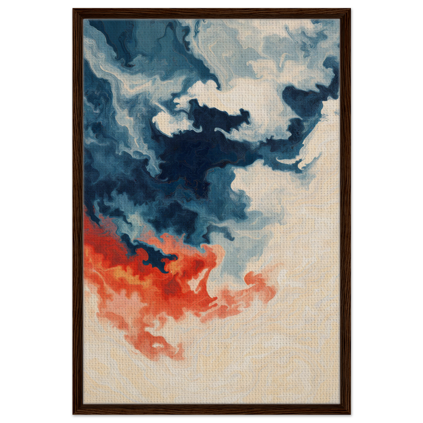 Abstract painting of swirling blue and orange clouds for Fiery Essence Flux room decor