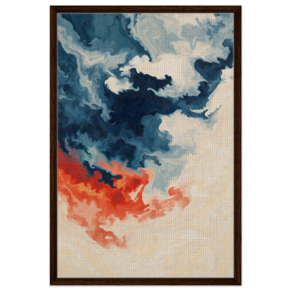 Abstract painting of swirling blue and orange clouds for Fiery Essence Flux room decor