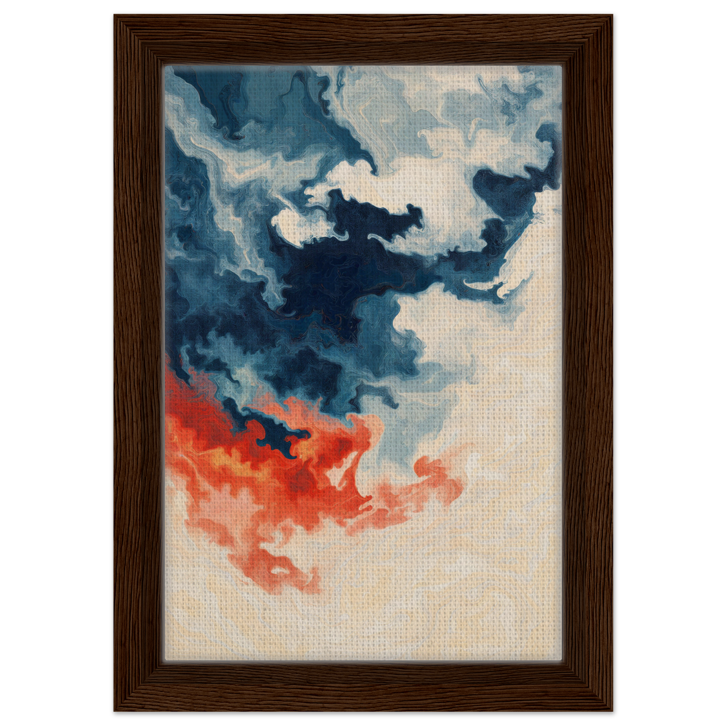 Abstract painting of swirling blue and orange clouds for Fiery Essence Flux framed canvas print