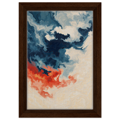 Abstract painting of swirling blue and orange clouds for Fiery Essence Flux framed canvas print