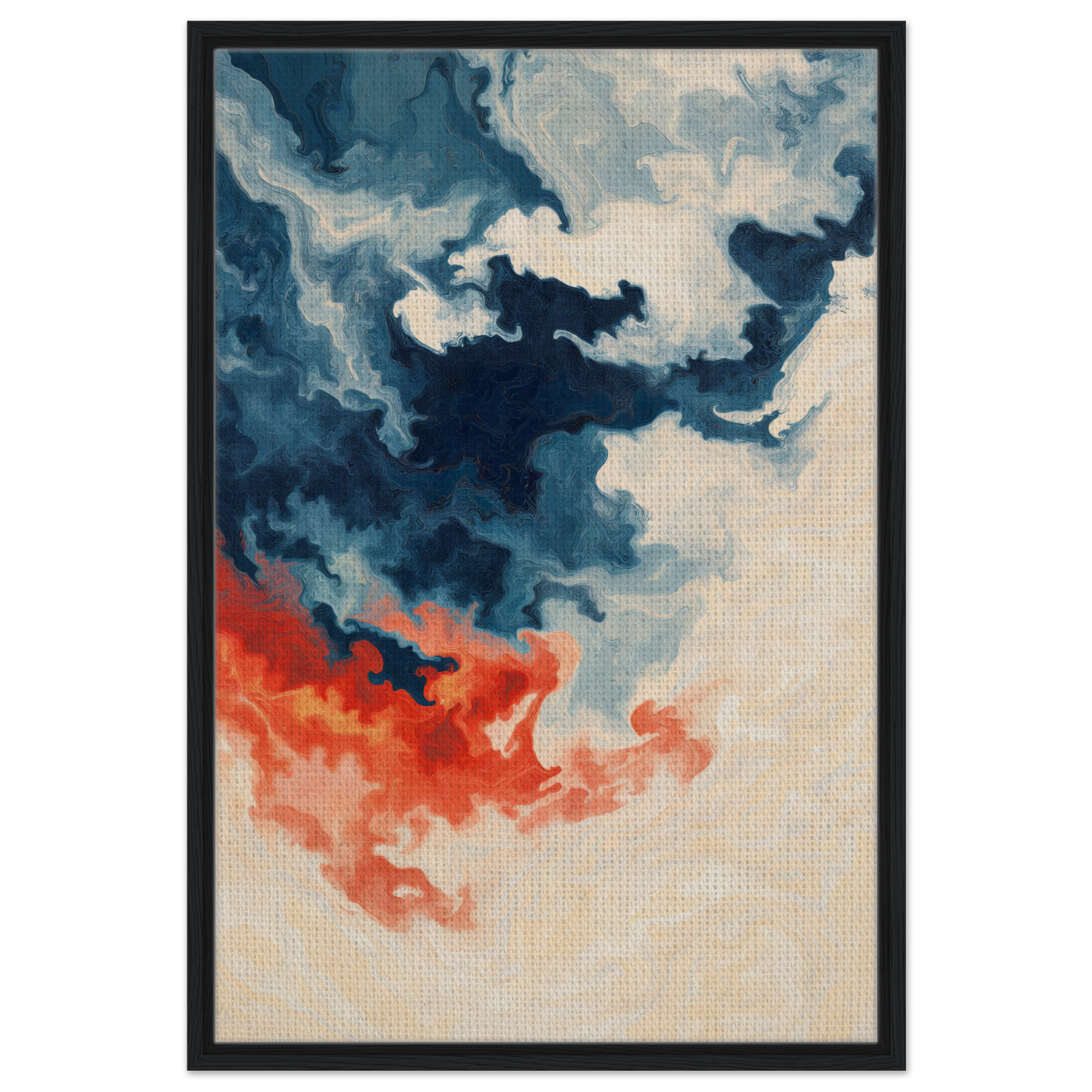 Abstract painting of swirling blue and orange clouds highlighting Fiery Essence Flux room decor