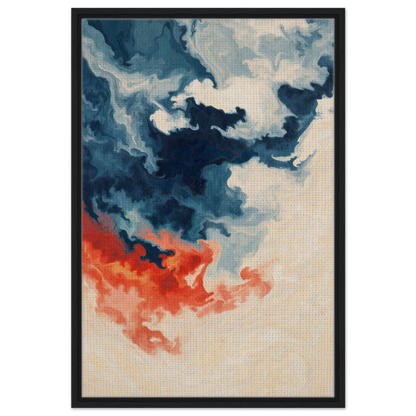 Abstract painting of swirling blue and orange clouds highlighting Fiery Essence Flux room decor