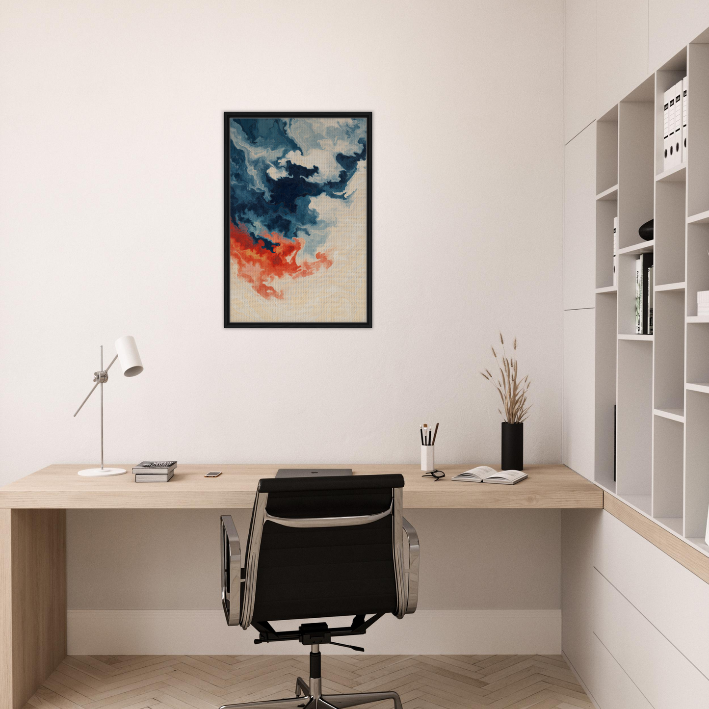 Modern home office featuring Fiery Essence Flux and abstract wall art on minimalist desk