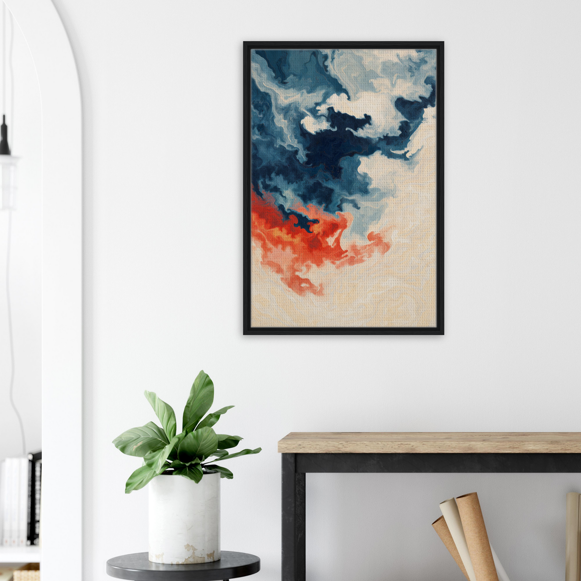 Abstract painting of swirling blue and orange clouds in Fiery Essence Flux framed canvas print