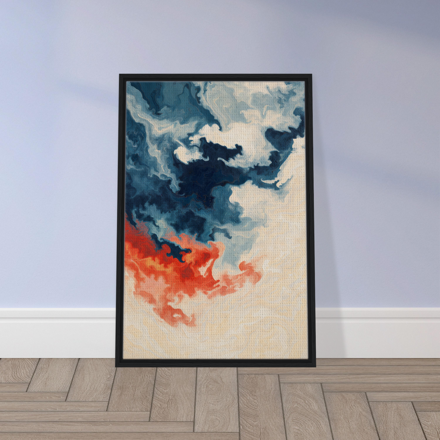 Framed canvas print of Fiery Essence Flux with swirling blue and orange clouds