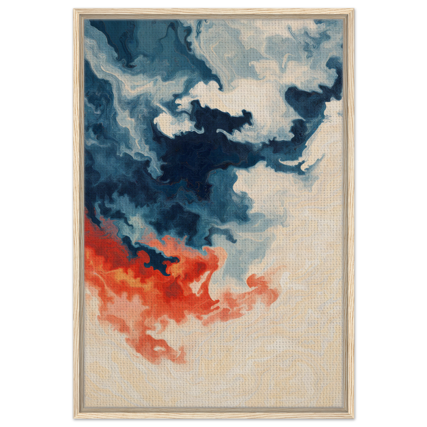 Abstract painting of swirling blue and orange clouds in Fiery Essence Flux framed canvas print