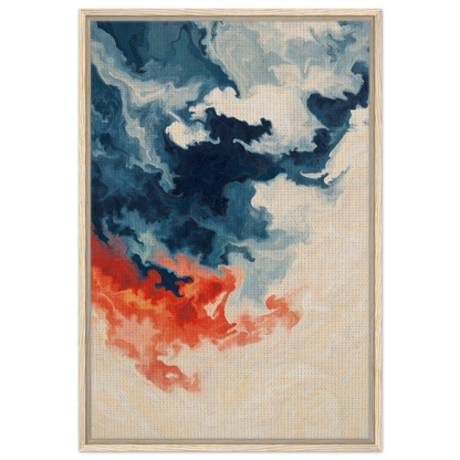 Abstract painting of swirling blue and orange clouds in Fiery Essence Flux framed canvas print