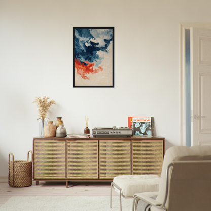 Wooden sideboard with cane-webbed doors and decorative items for Fiery Essence Flux room decor