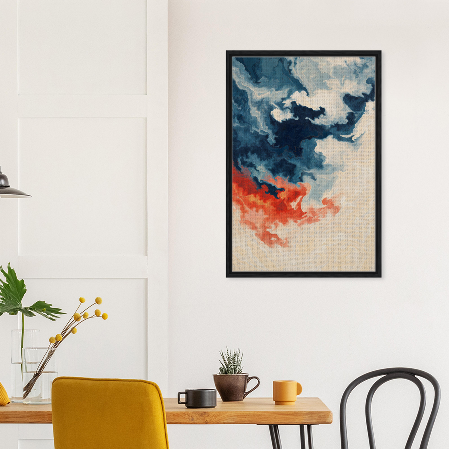 Abstract painting of a stormy sky in blue and orange hues for Fiery Essence Flux framed canvas print