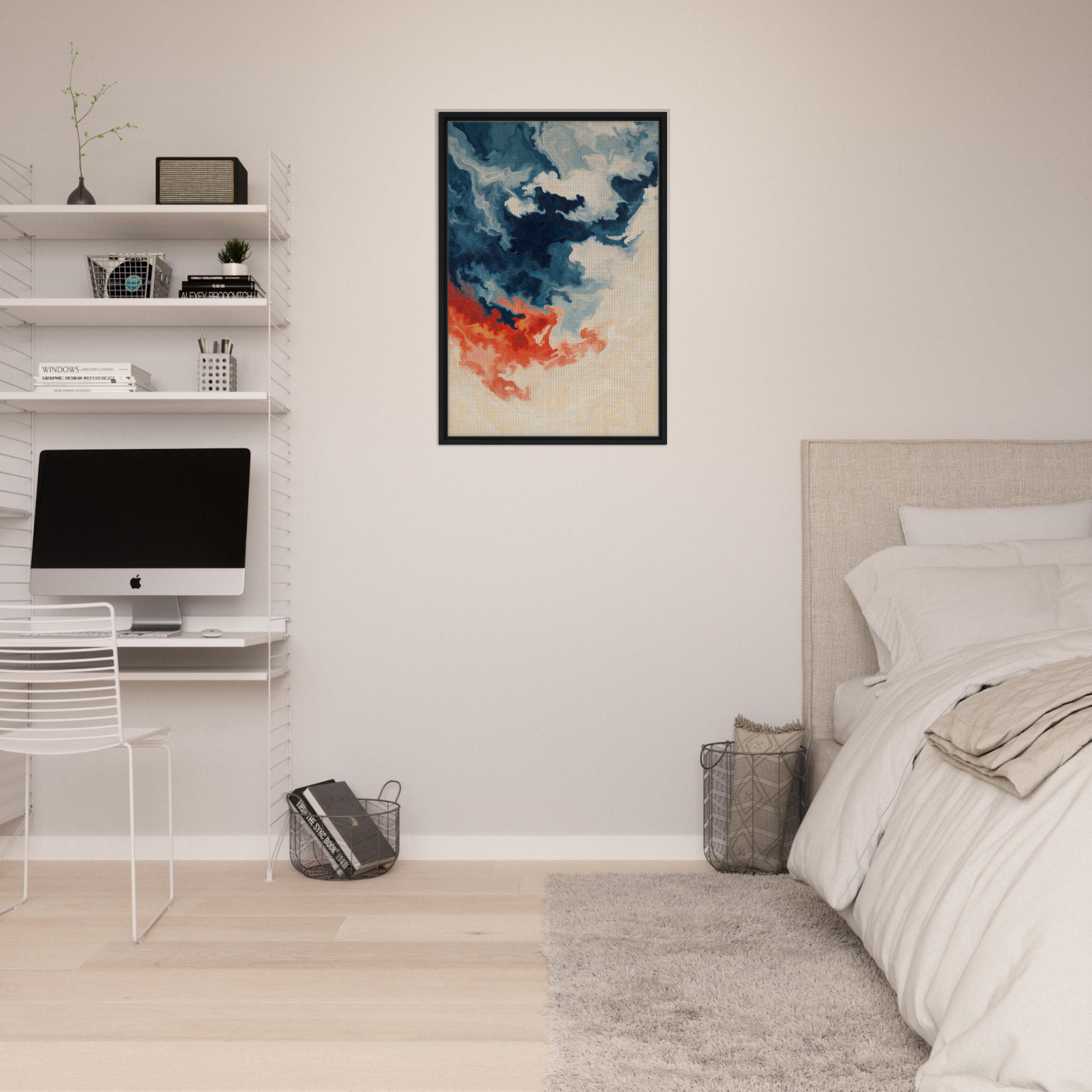 Abstract painting of swirling blue and orange hues for Fiery Essence Flux room decor