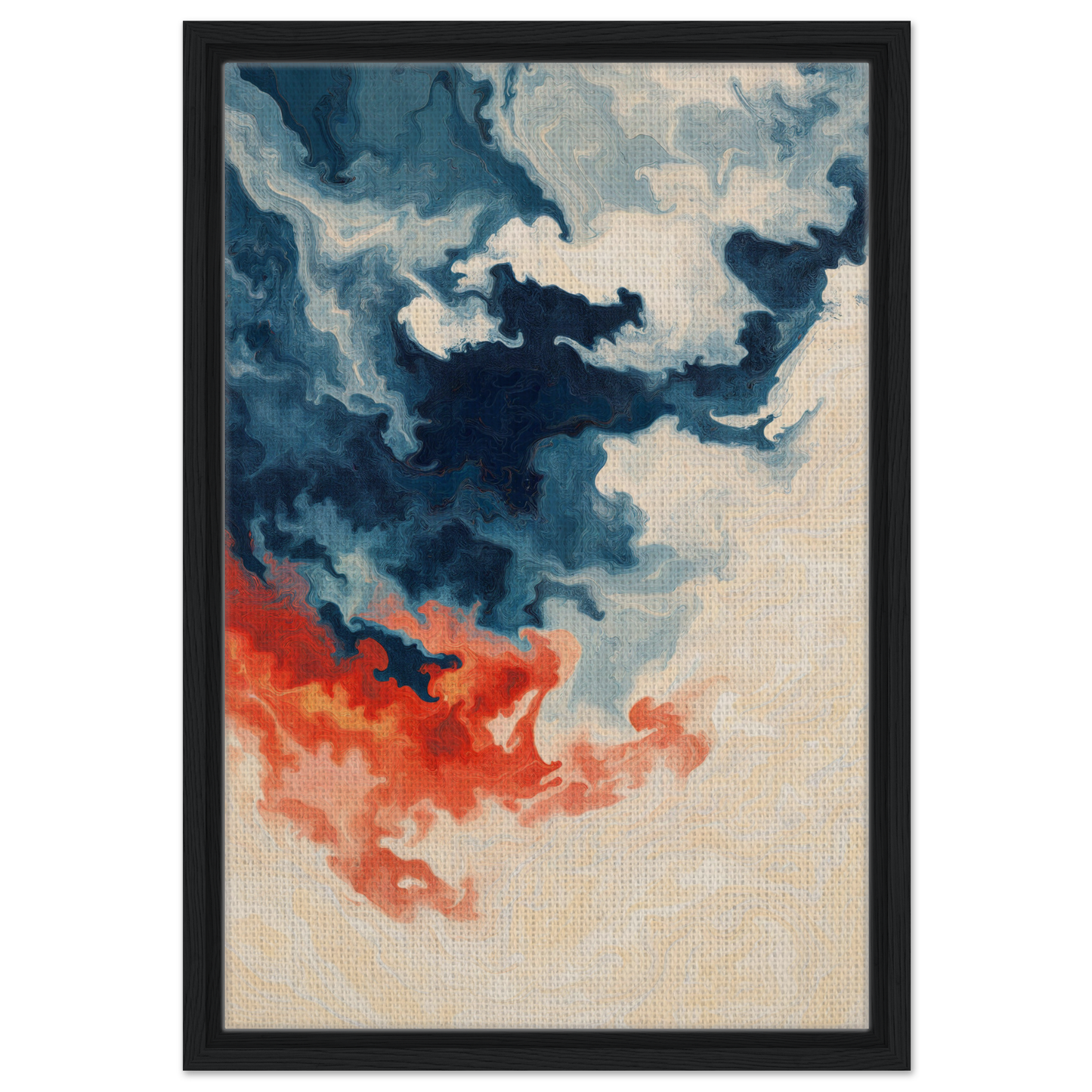 Abstract painting of swirling blue and orange clouds for Fiery Essence Flux room decor