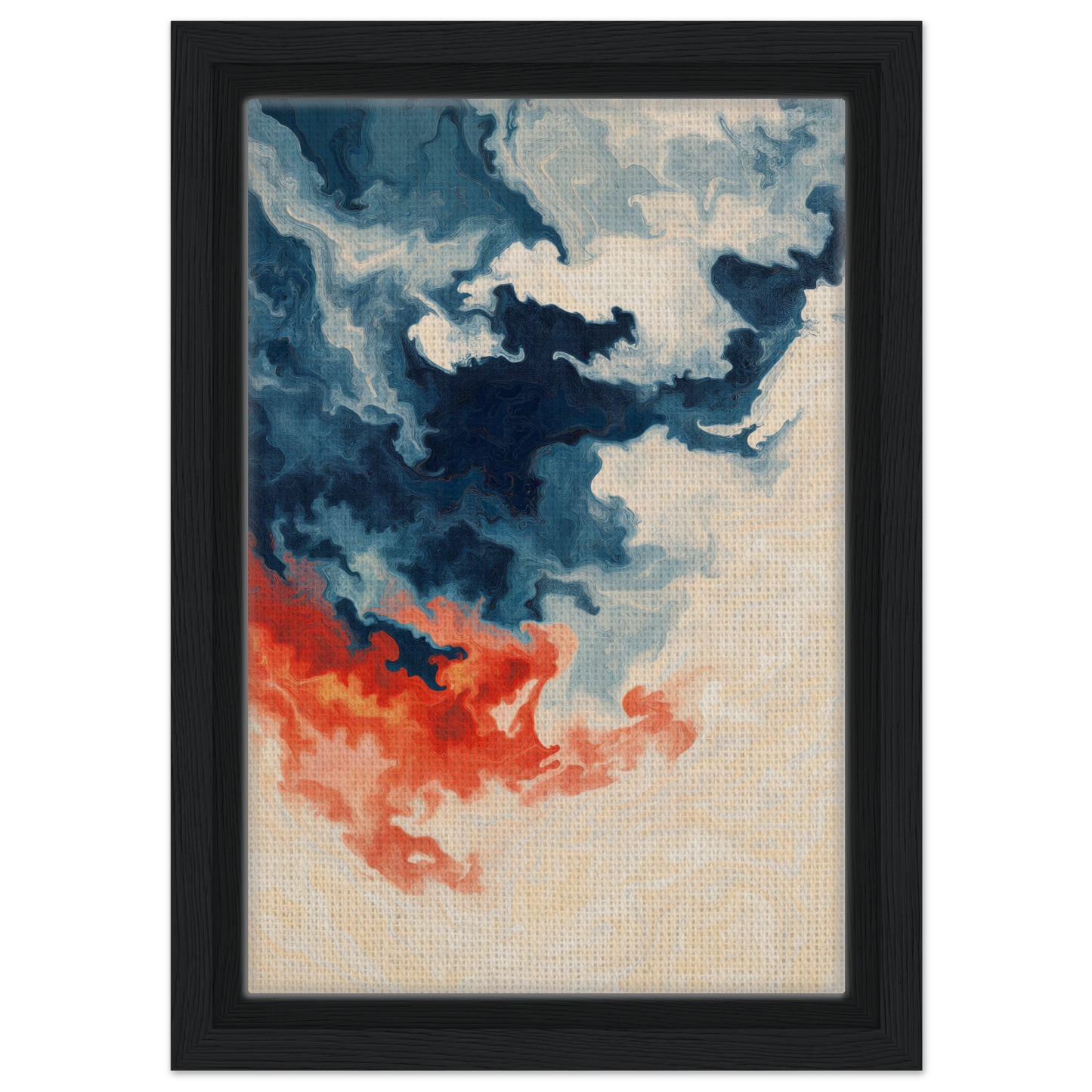 Abstract painting of swirling blue and orange clouds for Fiery Essence Flux room decor