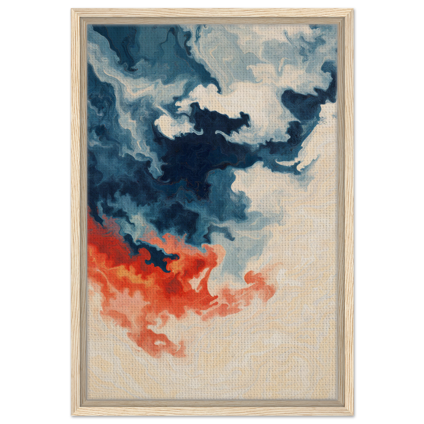 Abstract painting of swirling blue and orange clouds for Fiery Essence Flux room decor