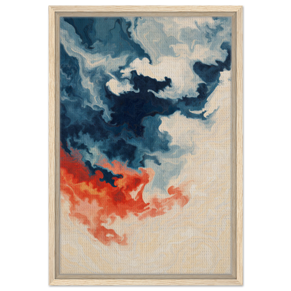 Abstract painting of swirling blue and orange clouds for Fiery Essence Flux room decor