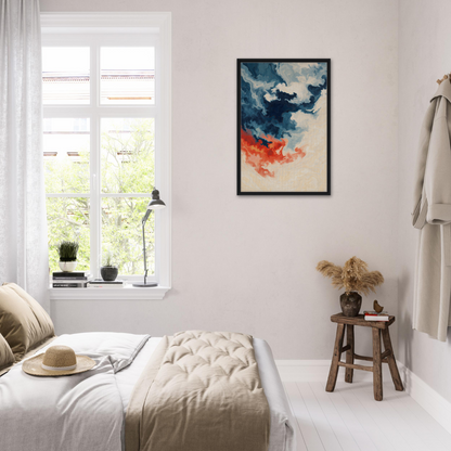 Bright airy bedroom with white decor and a colorful painting, enhancing Fiery Essence Flux room decor