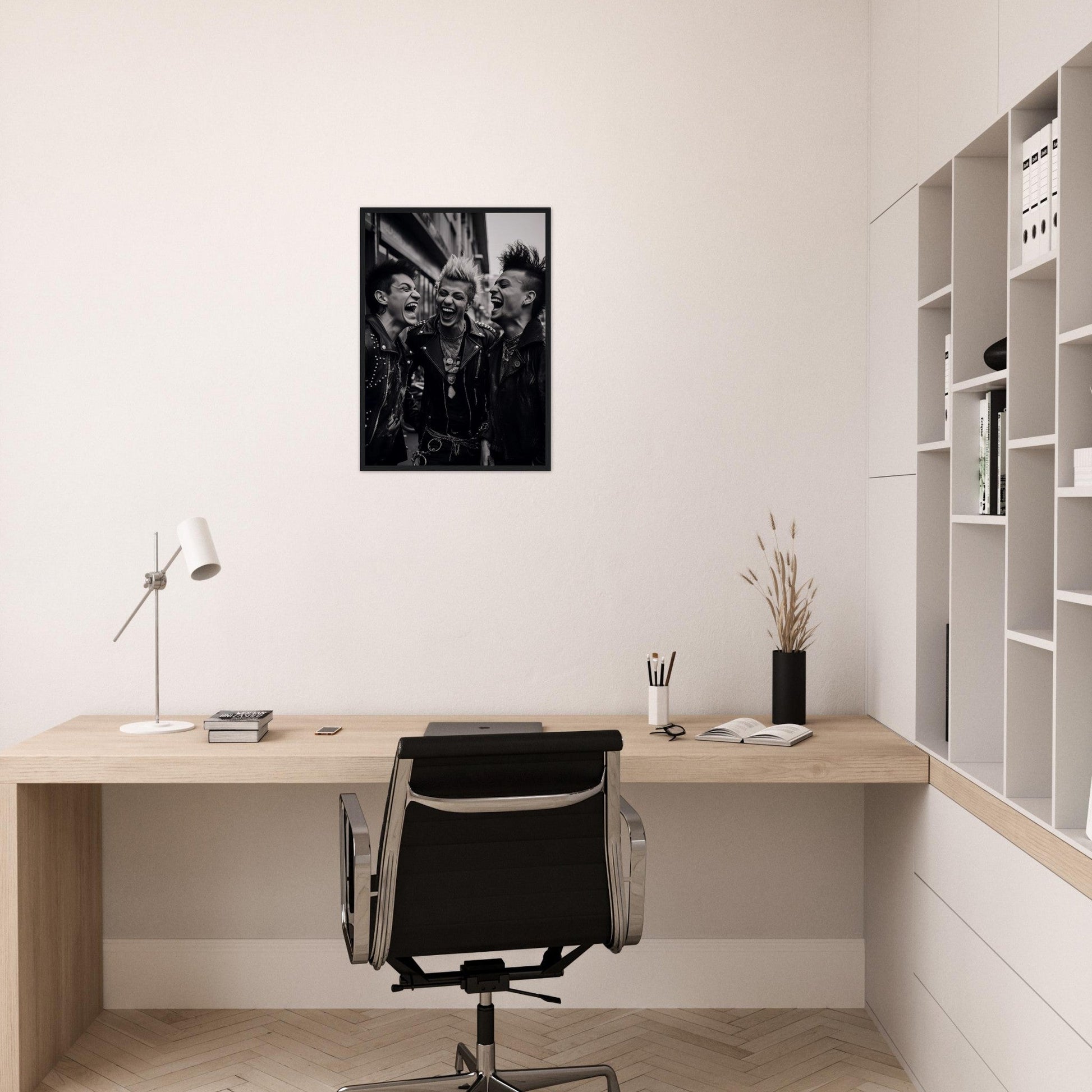 Minimalist home office workspace with a wooden desk, office chair, and wall-mounted shelving unit.