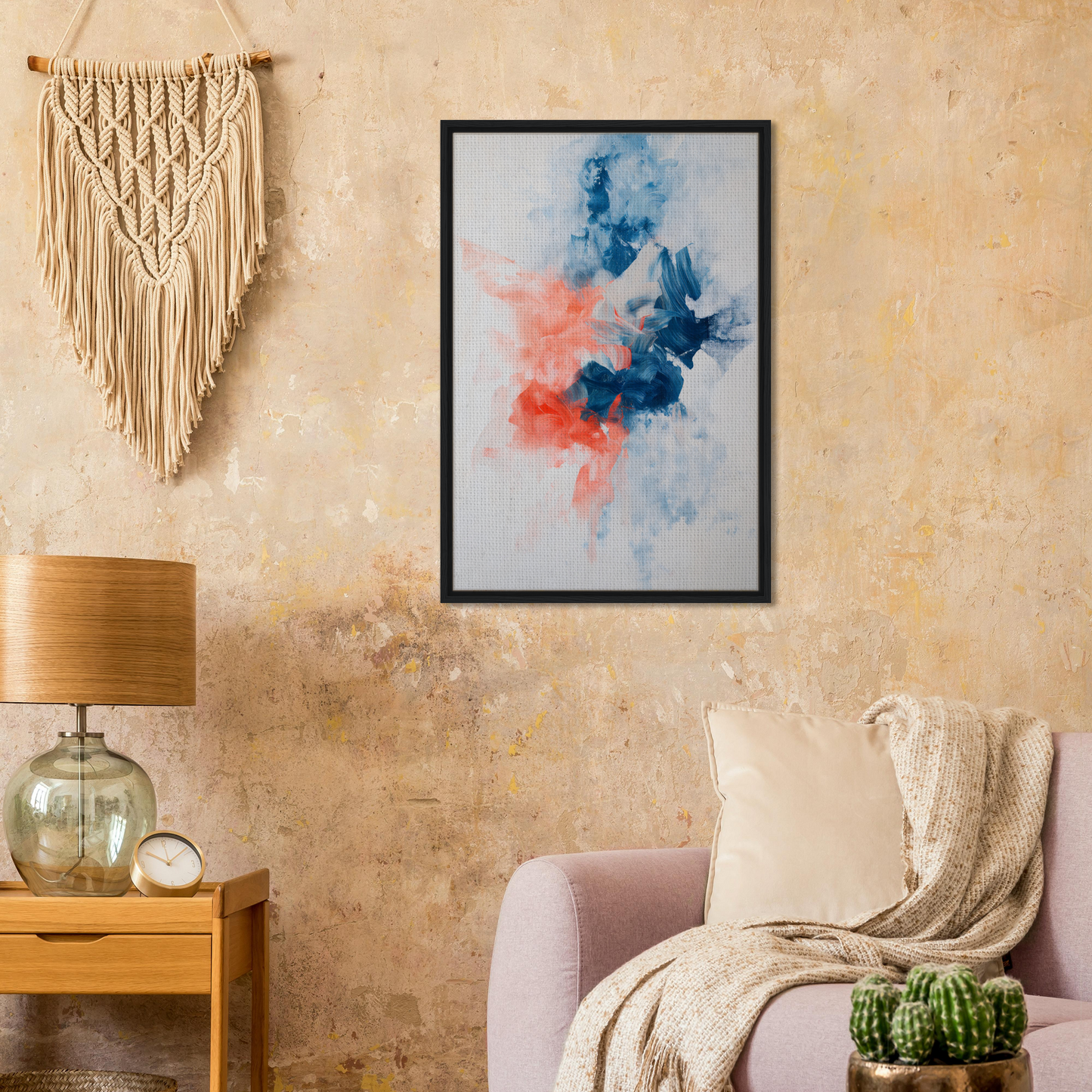 Framed canvas print of Flame Crafted Brilliance with abstract blue and coral splashes