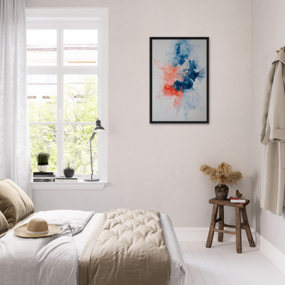 Cozy bedroom with white decor featuring Flame Crafted Brilliance framed canvas print