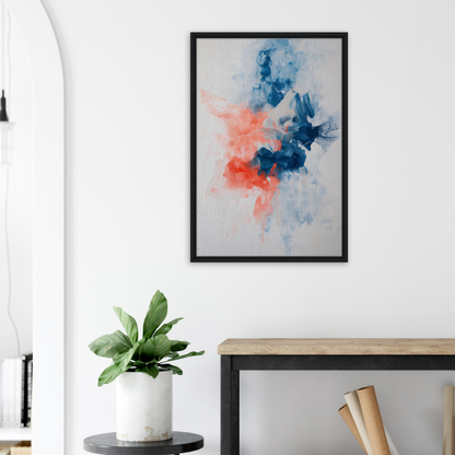 Abstract painting in blue and coral hues on light background, Flame Crafted Brilliance framed canvas print