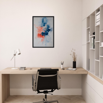 Minimalist home office featuring Flame Crafted Brilliance and a framed canvas print