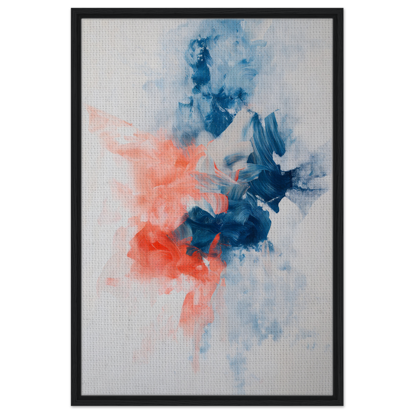 Abstract painting with blue and coral swirls for Flame Crafted Brilliance room decor