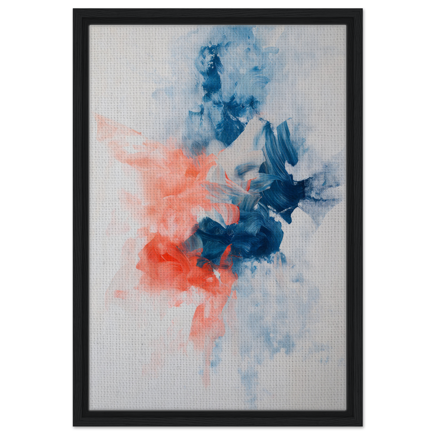 Abstract painting with blue and coral swirls on light background for Flame Crafted Brilliance