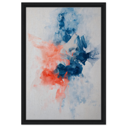 Abstract painting with blue and coral swirls on light background for Flame Crafted Brilliance