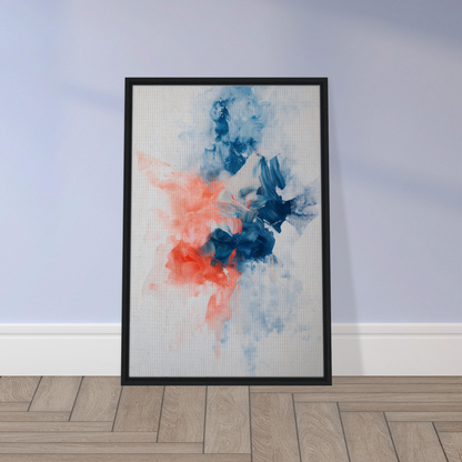 Framed canvas print of Flame Crafted Brilliance with blue and coral watercolor splashes