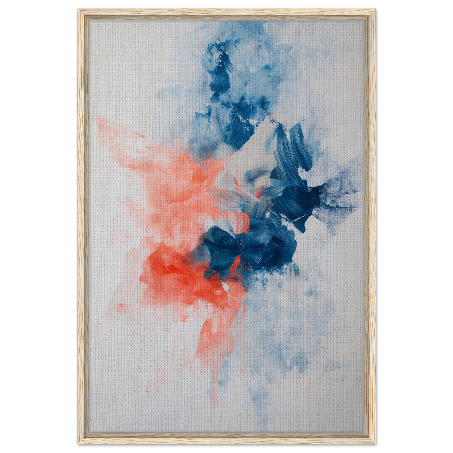 Abstract painting of swirling blue and coral shapes for Flame Crafted Brilliance framed canvas print