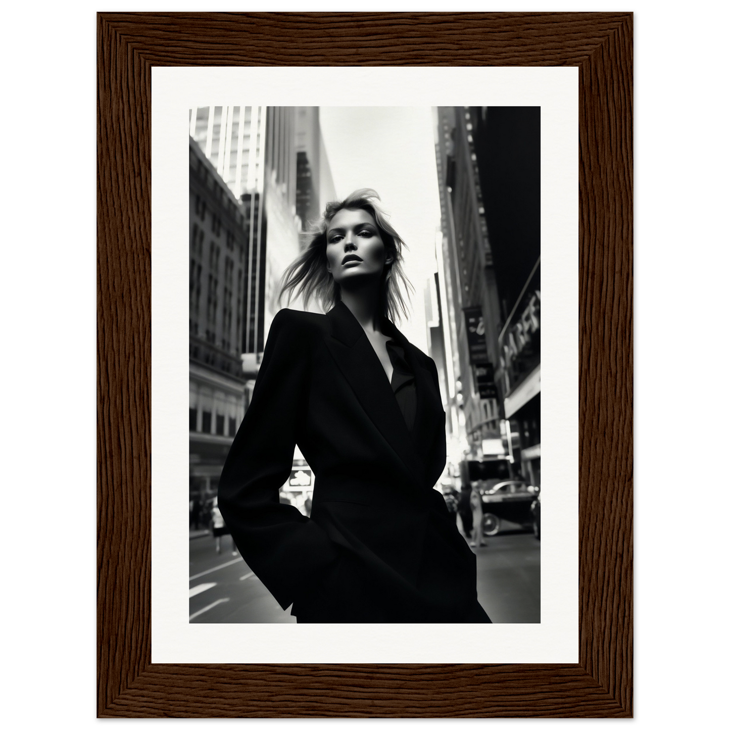 Black-and-white photograph of a woman in a dark coat standing on a city street.