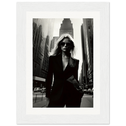 Stylish woman in a black suit and sunglasses standing confidently on a city street.