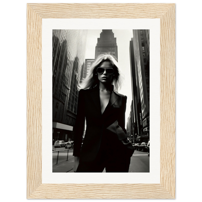 Black-and-white photograph of a stylish woman in a dark suit standing on a city street.