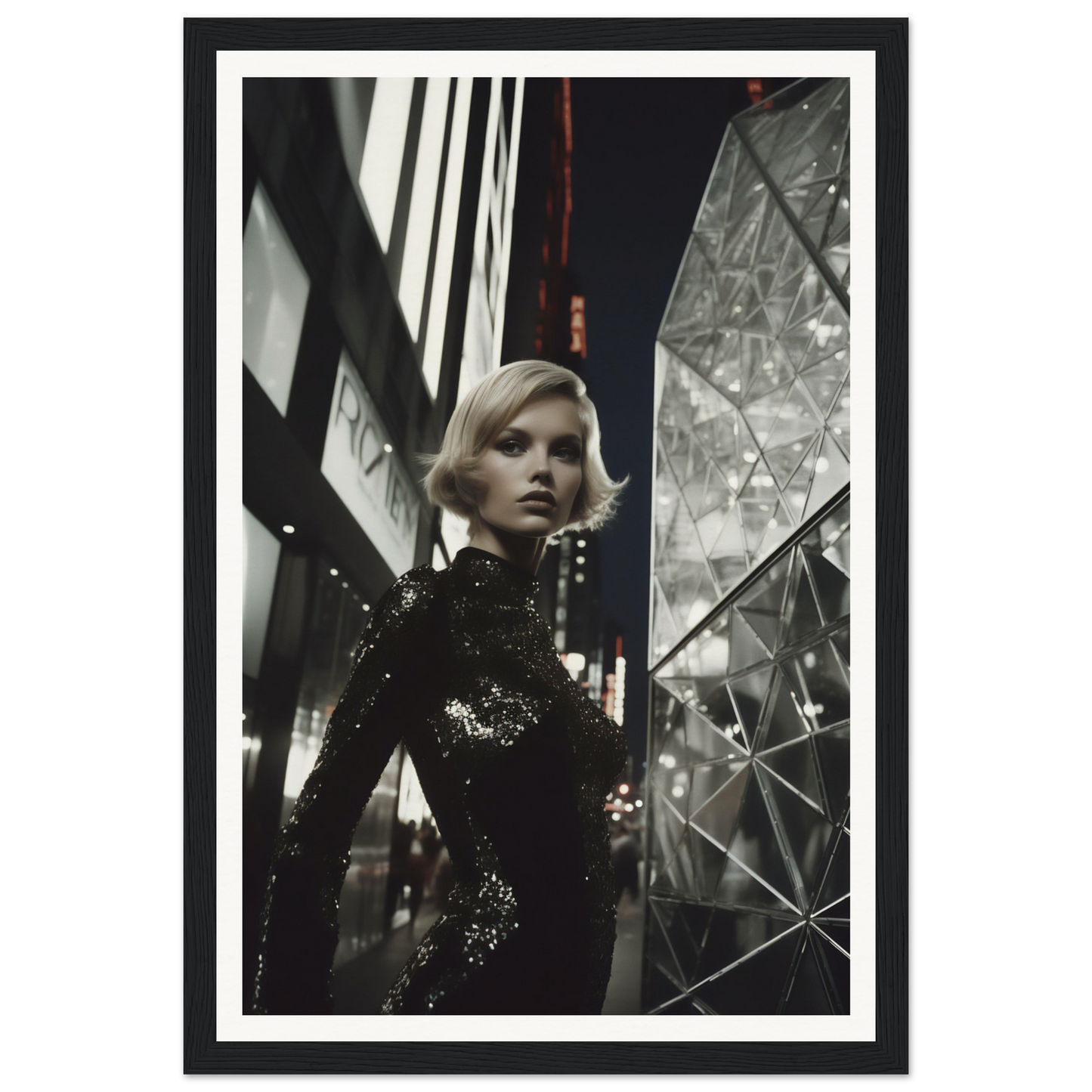 Woman in a sparkling black dress standing amid geometric shapes and reflective surfaces.