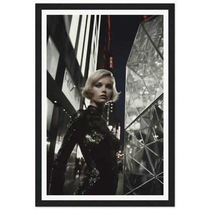 Woman in a sparkling black dress standing amid geometric shapes and reflective surfaces.