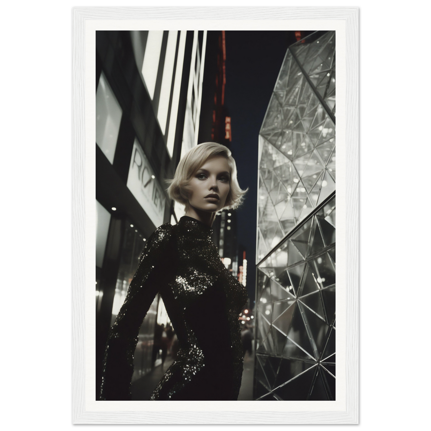 Blonde woman in a sparkling black dress standing amid geometric shapes and reflective surfaces.