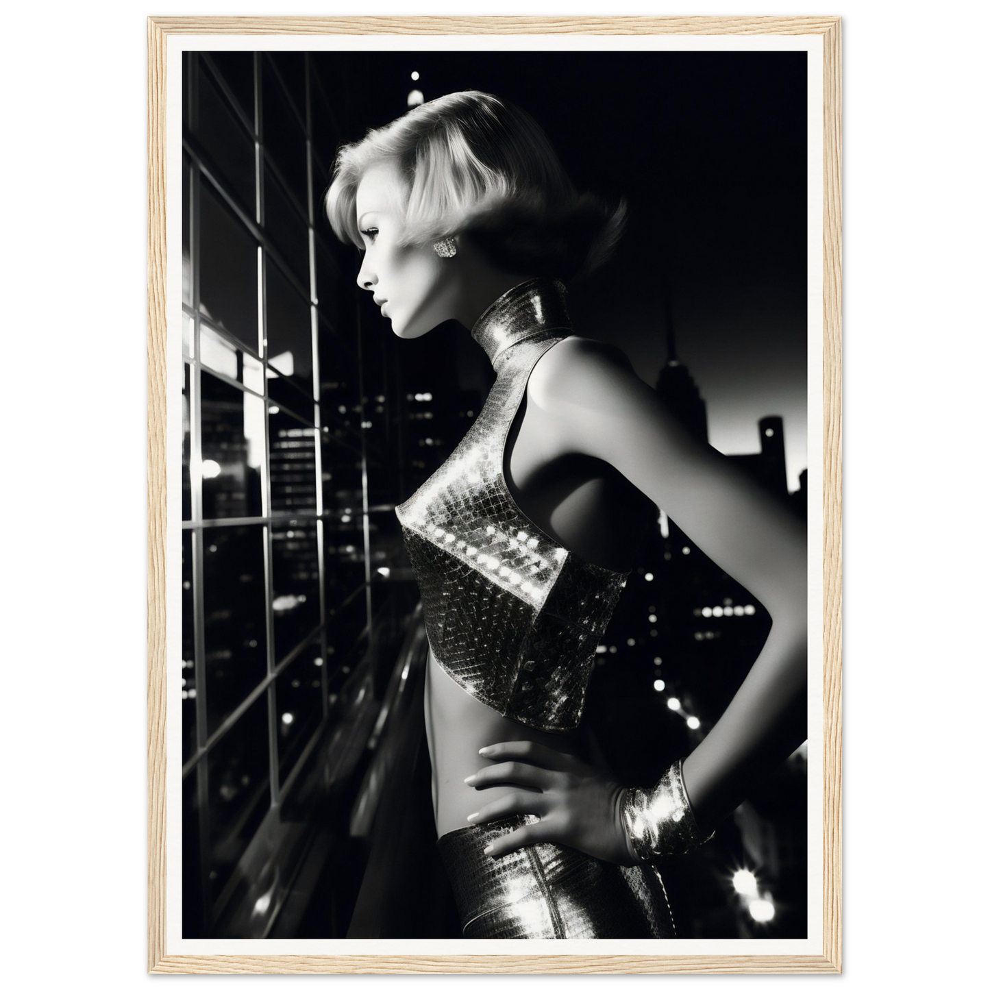 Black and white photograph of a woman in a shimmering outfit posing against a city skyline at night.