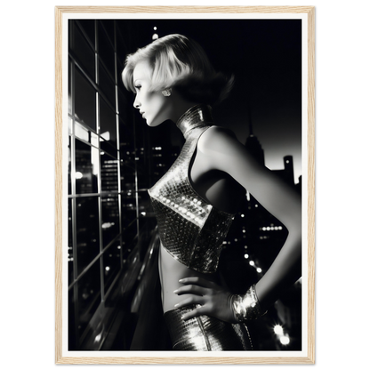 Black and white photograph of a woman in a shimmering outfit posing against a city skyline at night.