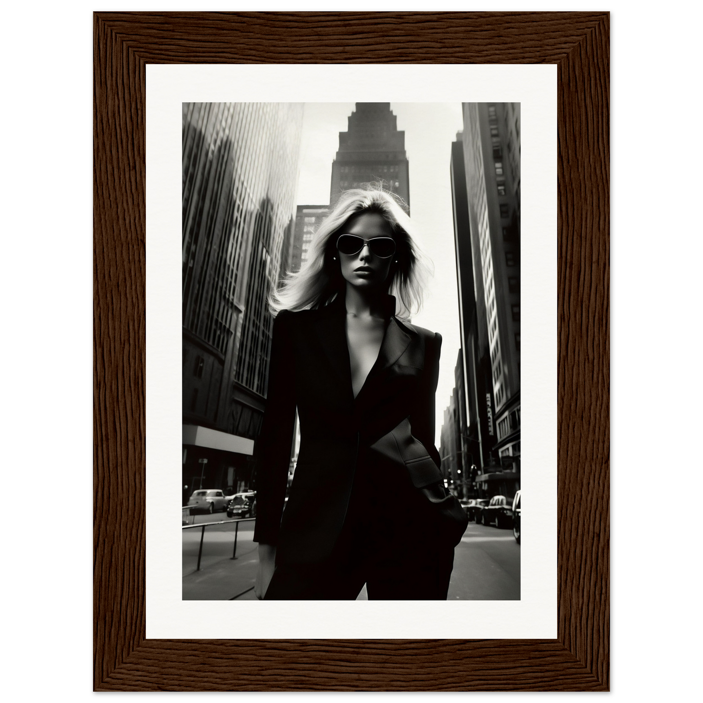 Black-and-white photograph of a stylish woman in a dark suit and sunglasses standing on a city street.