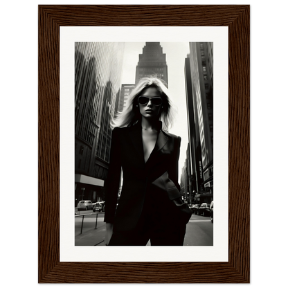 Black-and-white photograph of a stylish woman in a dark suit and sunglasses standing on a city street.