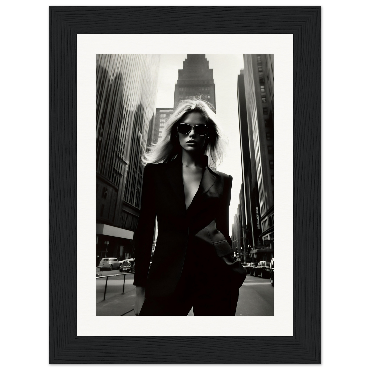 Black and white photograph of a woman in a dark suit standing on a city street.