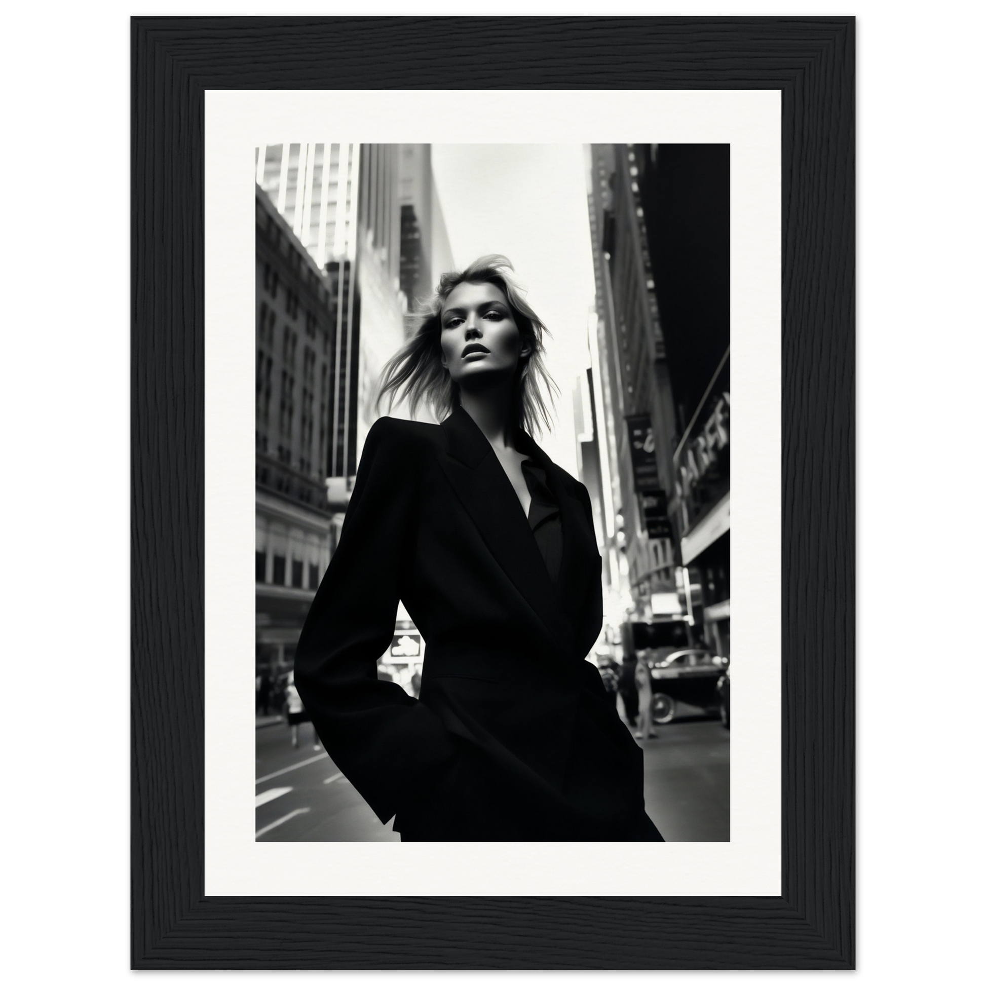 Black and white photograph of a woman in a dark coat standing on a city street.