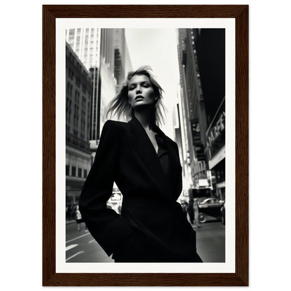 Black and white photograph of a woman in a dark coat on a city street.